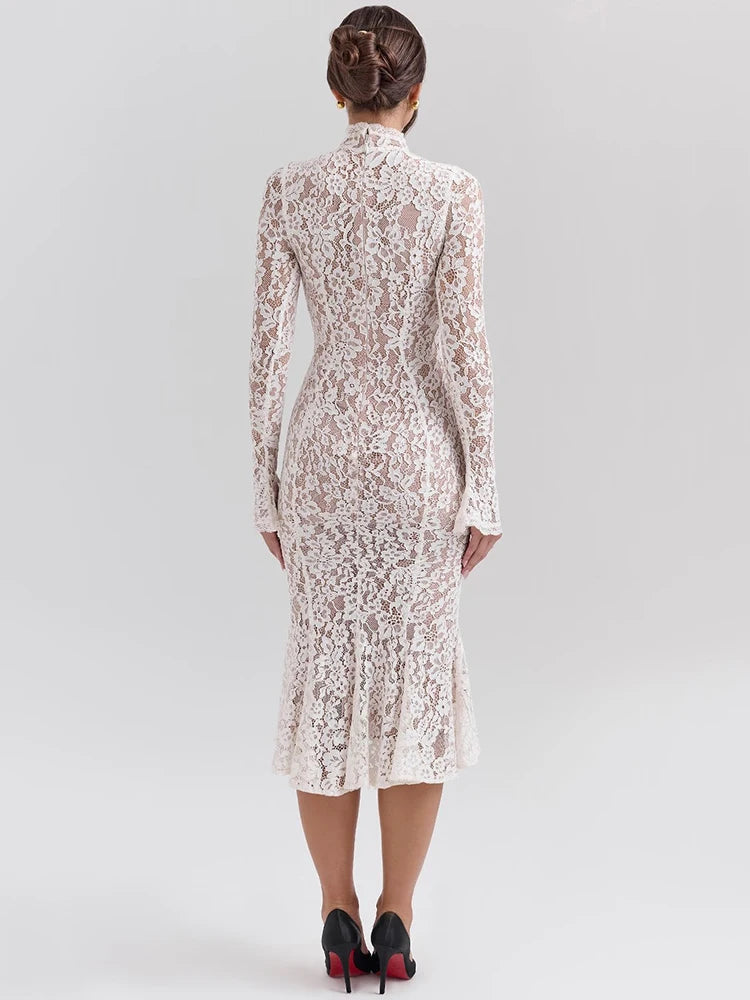 Mozision Lace Long Sleeve Sexy Midi Dress For Women Elegant White Half High Collar High Waist Bodycon Club Party Sexy Long Dress - Smarsty