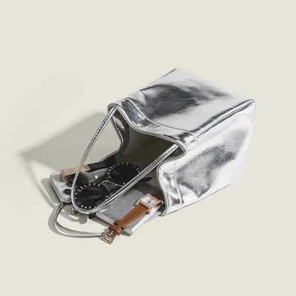 Bucket Bag For Women Silvery Pu Lunch Box Versatile Chic - Smarsty