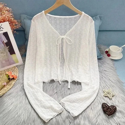 White Tie Up Summer Cardigan Women Sexy Long Sleeve Sheer Mesh Crop Tops Woman Chic All Match Short Printed T Shirt Mujer - Smarsty
