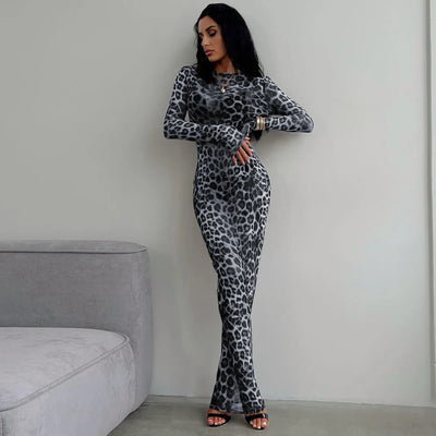 Hugcitar Leopard Print Mesh Long Sleeve Sexy Slim  See Through Maxi Dress Fall Women Fashion Outfits Beach Vacation Club - Smarsty