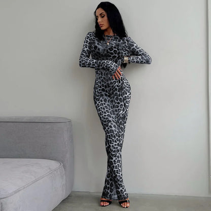 Hugcitar Leopard Print Mesh Long Sleeve Sexy Slim  See Through Maxi Dress Fall Women Fashion Outfits Beach Vacation Club