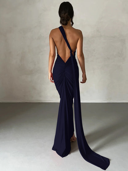 Hugcitar One Shoulder Backless Adjustable Scarf Loop Ruched Sexy Maxi Dress Women Elegant Y2K Streetwear Festival Outfit - Smarsty
