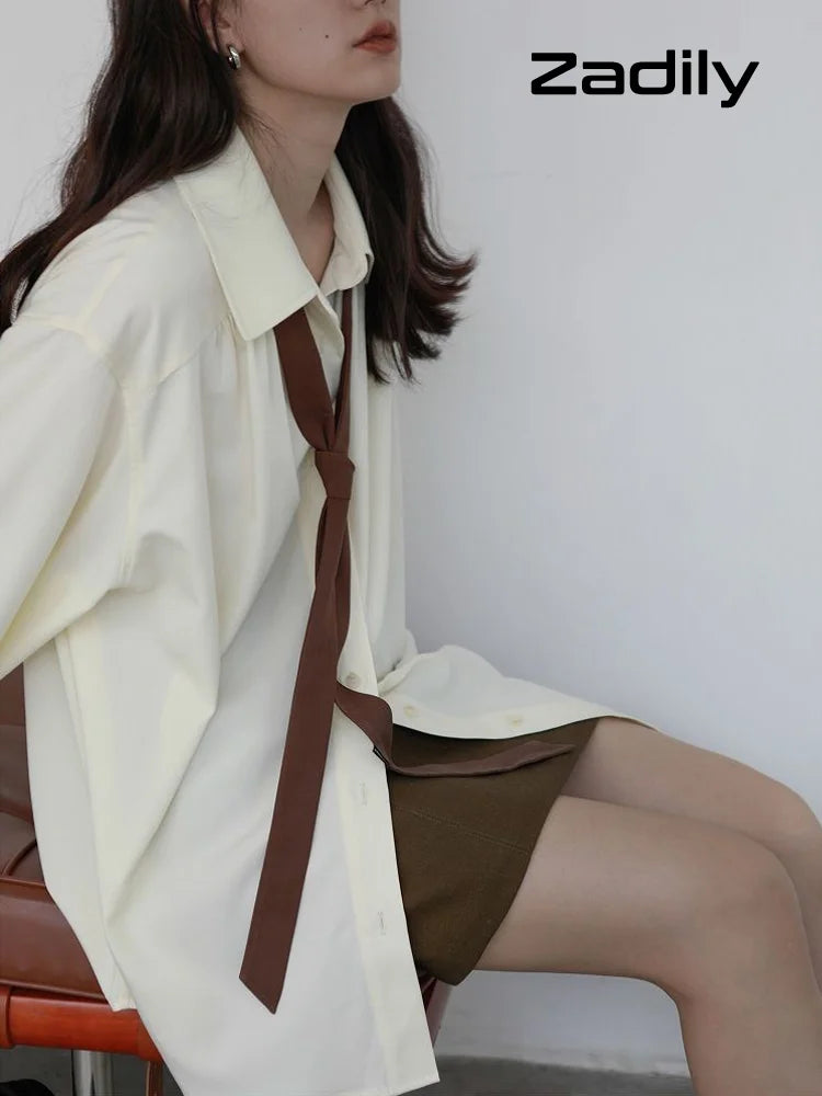 2025 Summer Minimalist Long Sleeve Button Up Shirt Women Korean Style Solid Tie Oversize Shirts Blouse Loose Clothes Autumn Tops - Smarsty