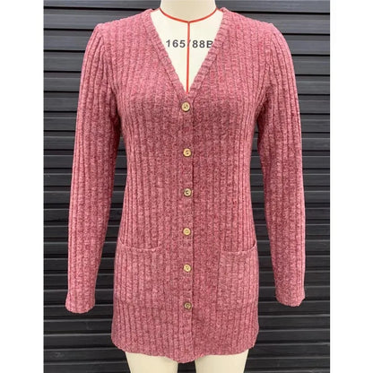 Autumn New Women's Milled Pit Stripe V-Neck Solid Colour Button Long Sleeve Ladies Casual Extensions Cardigan Jacket Coat - Smarsty