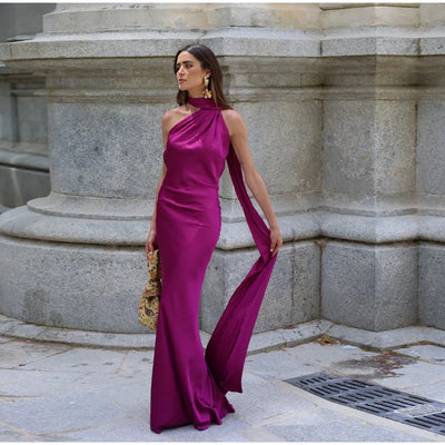 Sexy Satin Ribbon Party Dress Women Elegant Halter Backless Off Shoulder Sleeveless Female Dresses 2024 Summer Solid Robe Gown - Smarsty