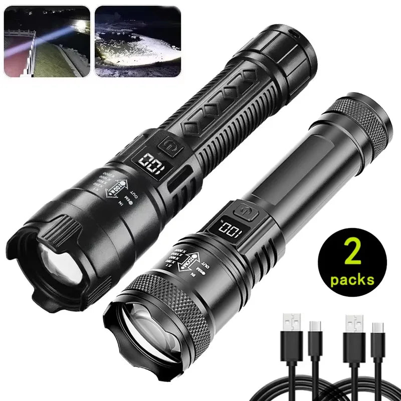 High Strong Power Led Flashlights 2000LM Tactical Torch with Display Light Rechargeable Camping Fishing Emergency Zoom Lantern