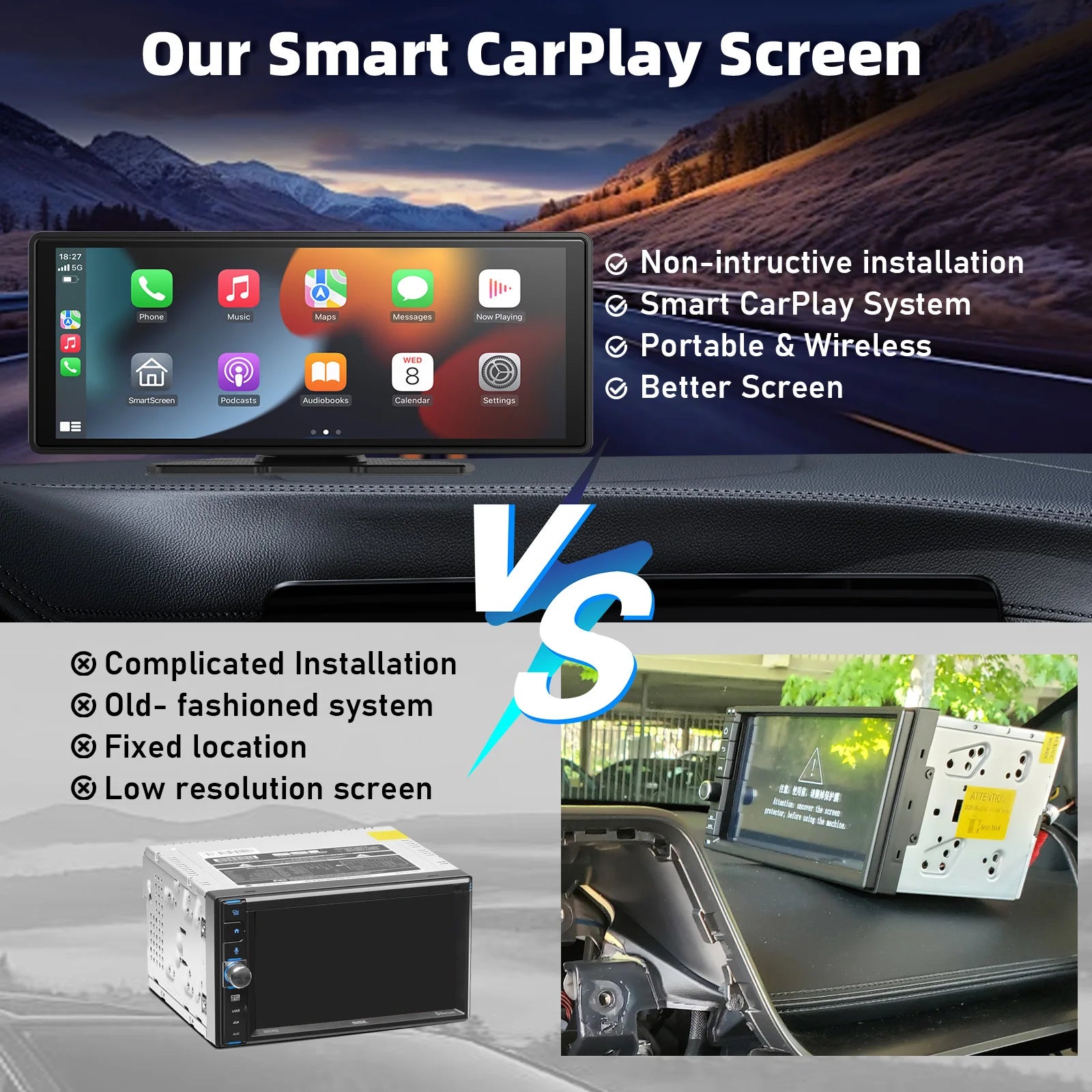 Portable Wireless Carplay Car Stereo, 10.26" inch HD Touchscreen for Car with CarPlay & Android Auto with Mirror Link/Backup Cam - Smarsty