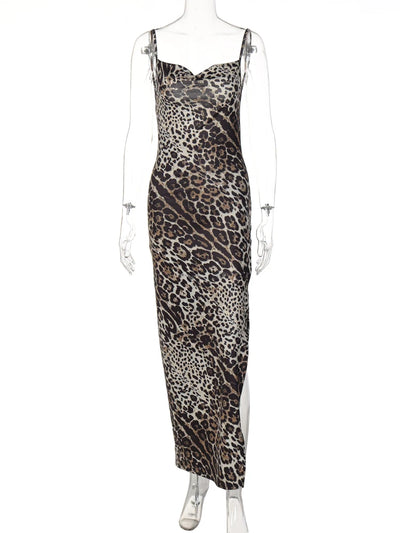 Hugcitar Leopard Print Swing Collar Sleeveless Sexy Maxi Slit Prom Dress Summer Women Fashion Y2K Clothes Party Beach Vacation - Smarsty