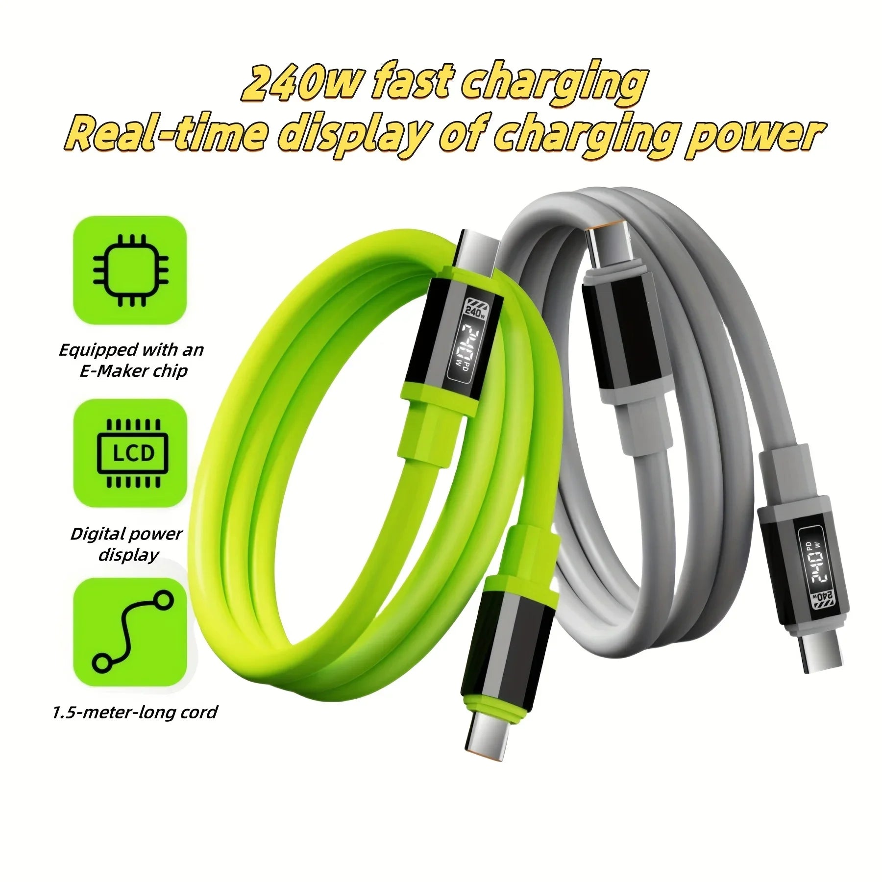 240W USB A to C C  Cable with Power Display Fast Charging Charger for IPhone 15 16 17 Samsung  Xiaomi Huawei Phones Type C Cord
