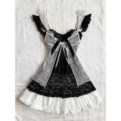 2000s Gothic Vintage Mini Dress Women Sleeveless Strap Party Dress Evening Lace Retro Cltohing Japanese Y2k Black Chic Lolita - Smarsty