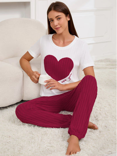 Women's new style pajamas set heart pattern short sleeve shirt trousers two-piece simple and lovely casual home wear - Smarsty