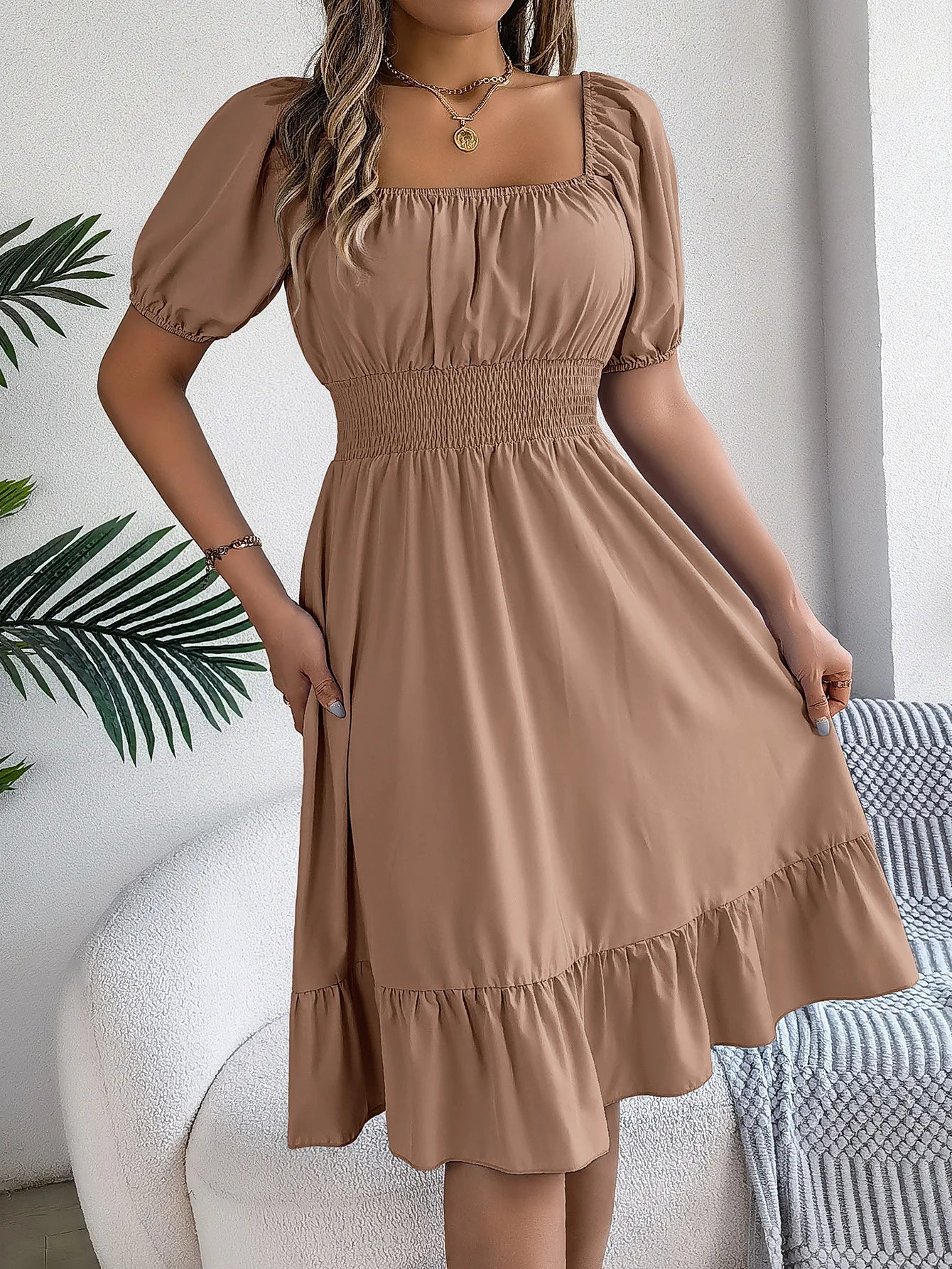 Women's MIidi Dresses 2024 Summer Casual Square Neck Short Sleeved Waist Ruffle Edge Dress Dress Women Elegant Платья Женские - Smarsty