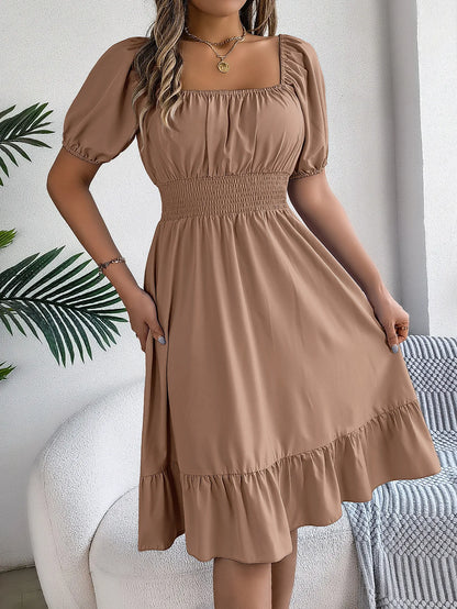 Women's MIidi Dresses 2024 Summer Casual Square Neck Short Sleeved Waist Ruffle Edge Dress Dress Women Elegant Платья Женские - Smarsty