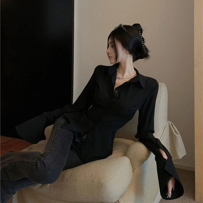 Gidyq Fashion Women Bandage Shirts Korean All Match Streetwear Female Slim Blouse Spring Casual White Bell Sleeve Shirt New - Smarsty