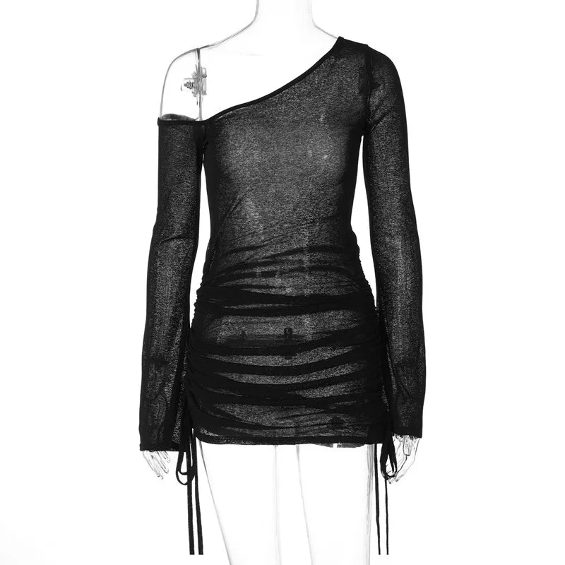 ALLNeon Fairycore White Perspective Oblique Shoulder Long Sleeve Mini Dress Hotsweet Shirring Hipster Dresses Sexy Clubwear Y2K - Smarsty