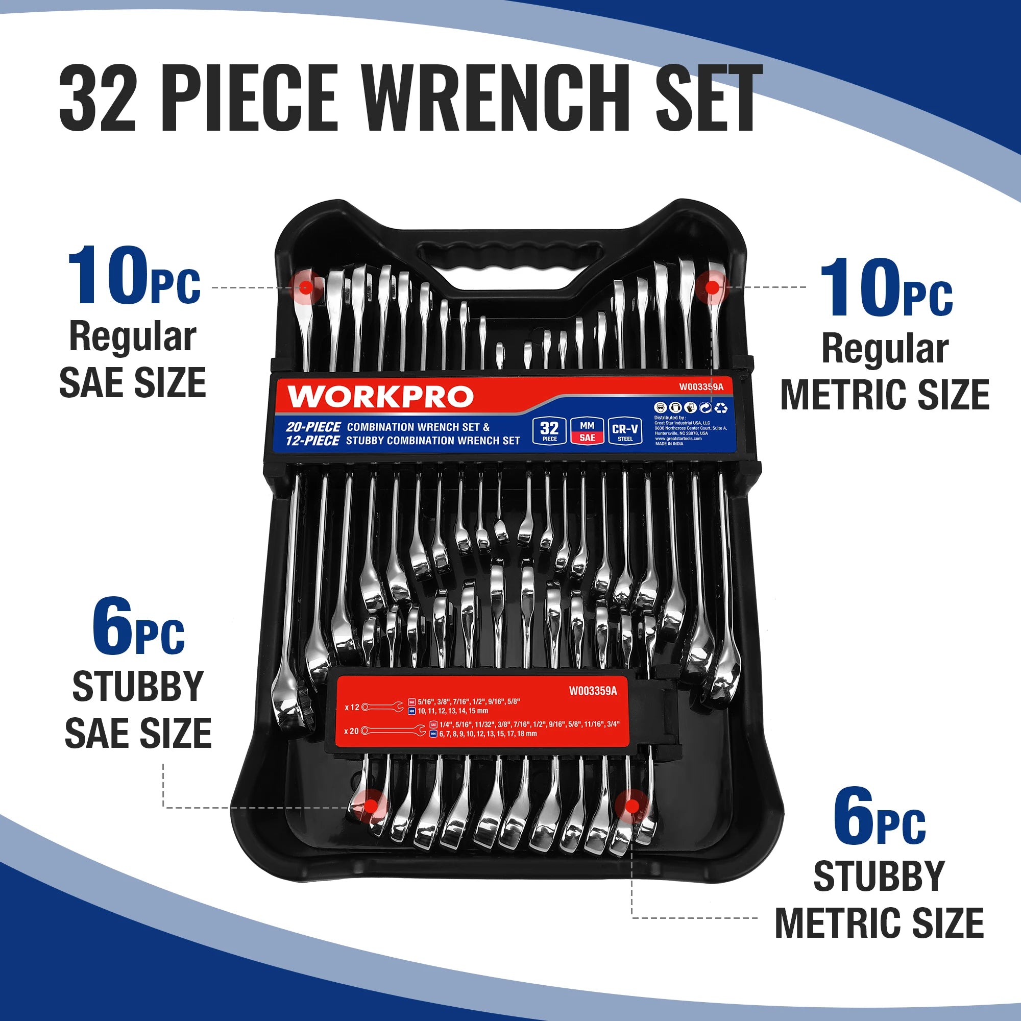 WORKPRO 32-Piece SAE & Metric Combination Wrenches Set, 20-Piece Standard wrenches and 12-Piece Stubby Wrenches with Organizer