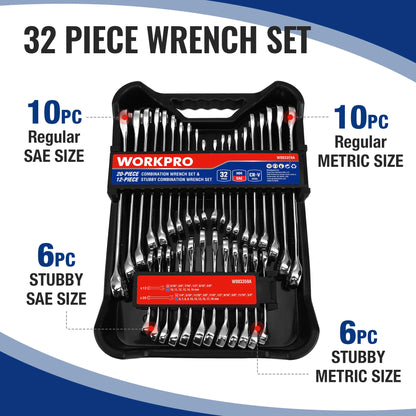 WORKPRO 32-Piece SAE & Metric Combination Wrenches Set, 20-Piece Standard wrenches and 12-Piece Stubby Wrenches with Organizer