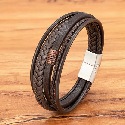 Mens Leather Bracelet Magnetic Buckle Multilayer Bangles - Smarsty