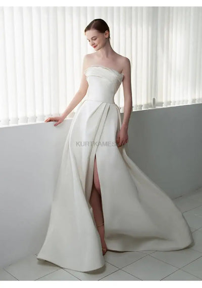 French Luxury White Satin Trailing Wedding Dresses for Bride 2025 Women Elegant Sexy Strapless Long Prom Party Dress vestidos - Smarsty