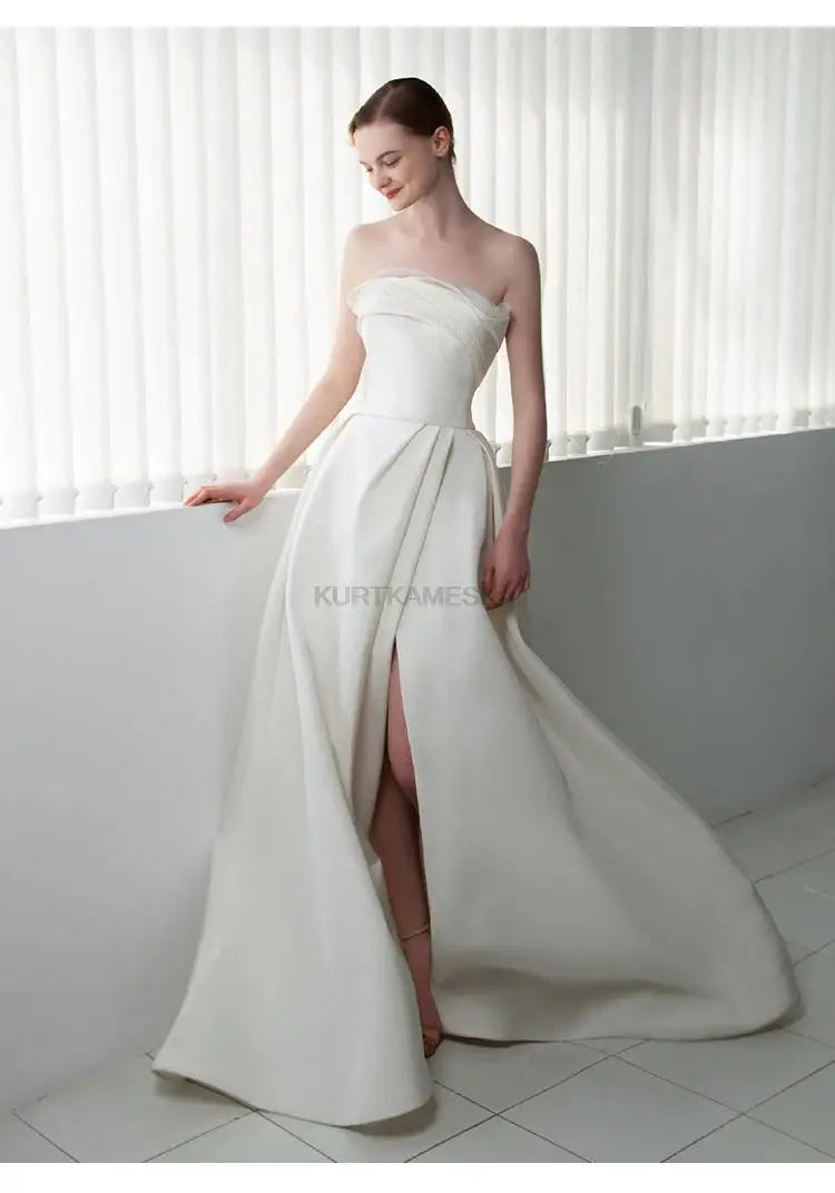French Luxury White Satin Trailing Wedding Dresses for Bride 2025 Women Elegant Sexy Strapless Long Prom Party Dress vestidos