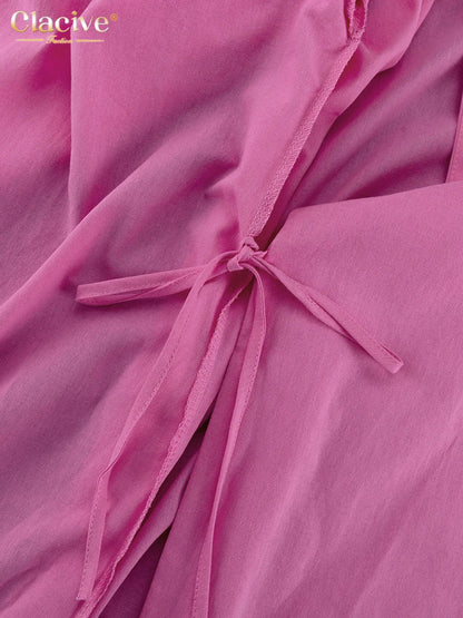 Clacive Casual Loose Pink Cotton Dress Ladies Fashion Lapel Long Sleeve Ankle Length Dress Elegant Lace-Up Dresses For Women - Smarsty