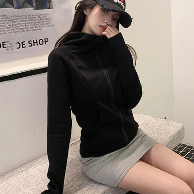 Gray Zipper Hooded Sweatshirt Women 2025 New Korean Slim Fit Cardigan Long Sleeve Coat Woman Solid Pockets Sports Hoodies Jacket - Smarsty