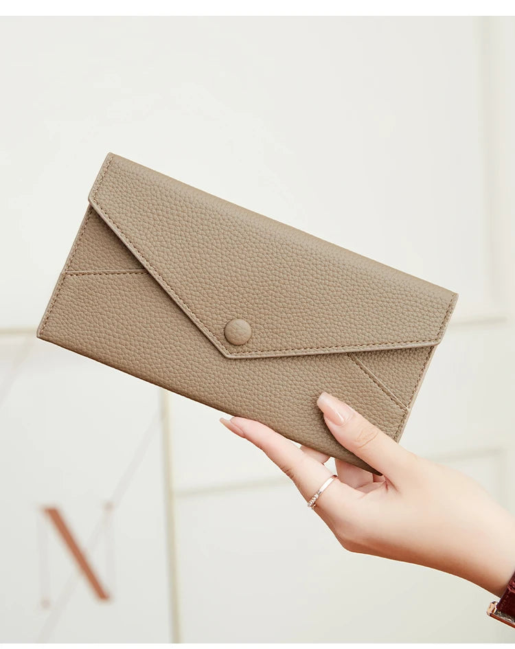 RFID Anti-Theft Purse for Women, Lychee Print, Soft Leather, Envelope Long Wallet, Ultra-thin, Portable, Simple Hand Bag