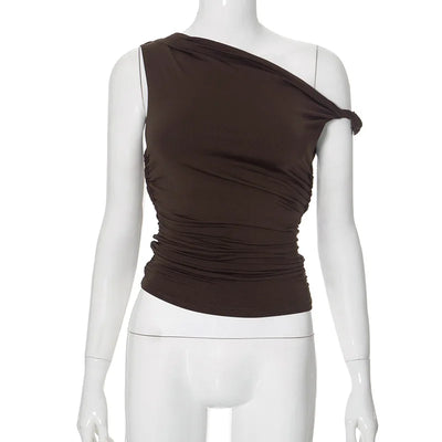 Simple Basic Casual Summer Tank Top Sleeveless Solid Color Off Shoulder Side Ruched Crop Tops Vestidos Spring Women T S - Smarsty
