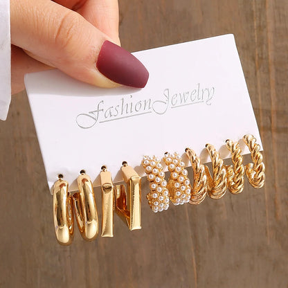 Gold Color Vintage Geometric Pearl Earrings Set For Women - Smarsty