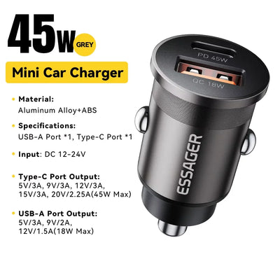 45W Car Charger Dual Port PD TypeC Quick Charge Fast - Smarsty