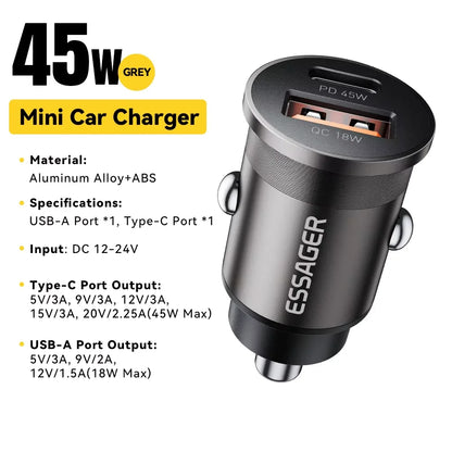 45W Car Charger Dual Port PD TypeC Quick Charge Fast - Smarsty