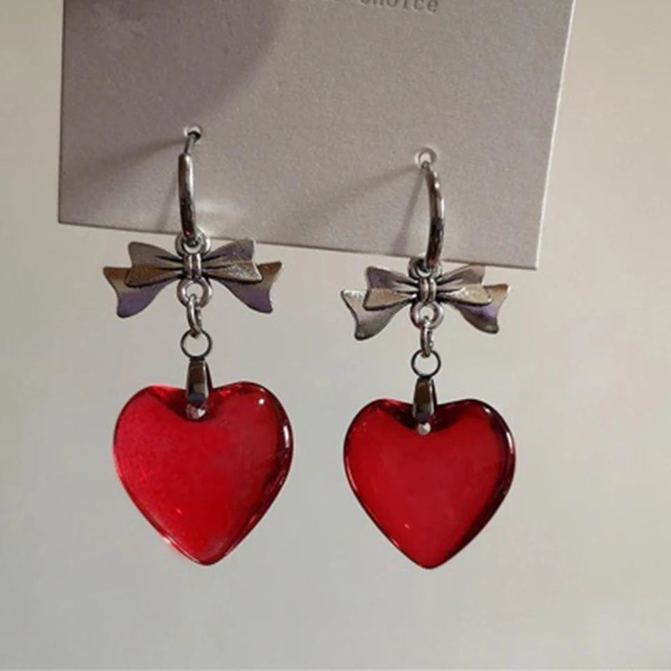 Harajuku Red Glass Heart Dangle Earrings for Stylish Women - Smarsty