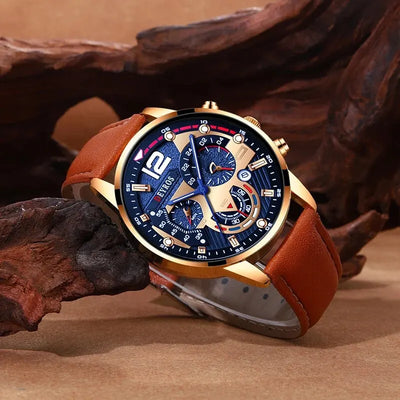 Luxury Men's Quartz Watch Set with Brown Leather Band - Smarsty