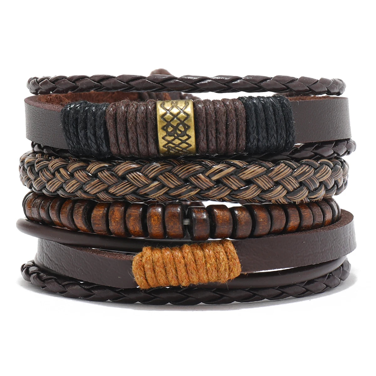 Vintage Leather Men Bracelet Woven Brown Wood Beads - Smarsty