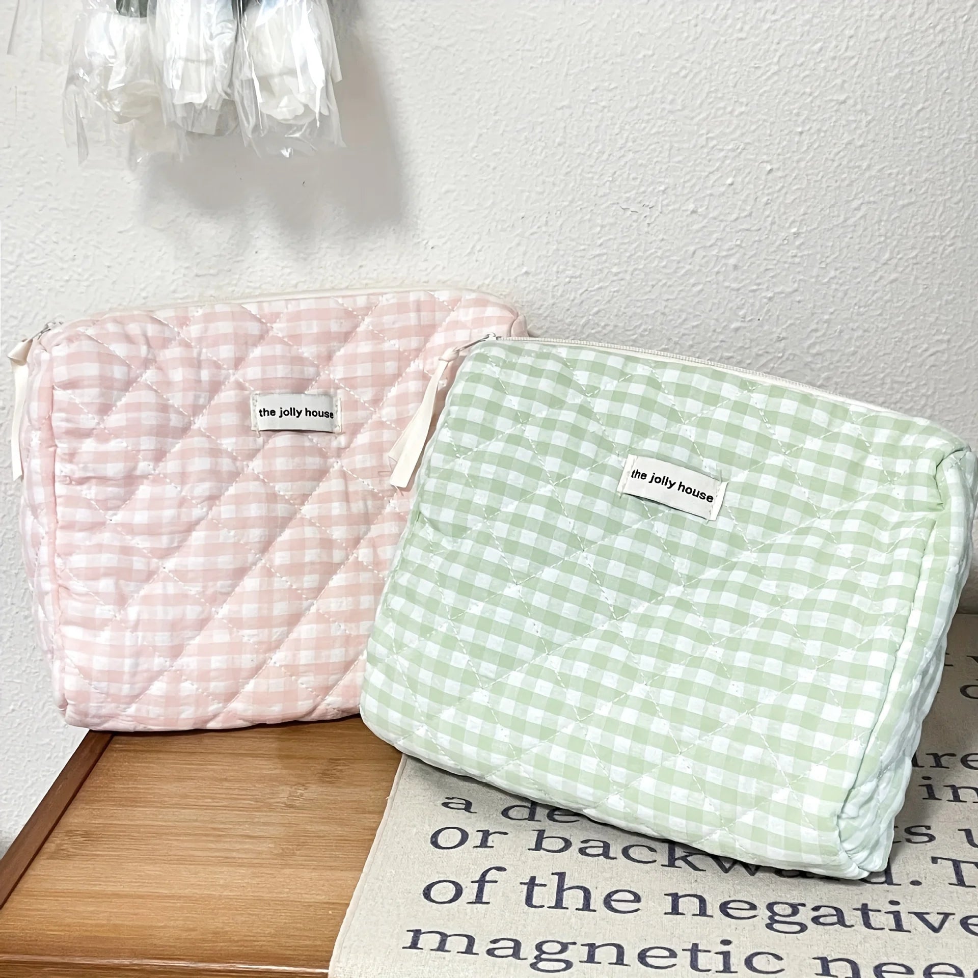 Solid Color Plaid Makeup Bag Travel Cosmetic Organizer - Smarsty
