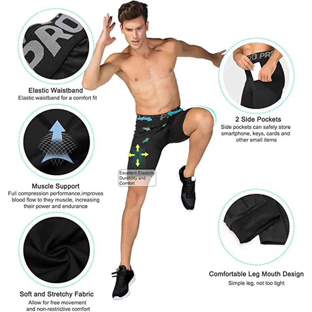 Mens Gym Shorts with Pockets Workout Compression Leggings for Men Polyester Boxer Briefs Running Basketball Athletic Tights - Smarsty