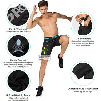 Mens Gym Shorts with Pockets Workout Compression Leggings for Men Polyester Boxer Briefs Running Basketball Athletic Tights - Smarsty