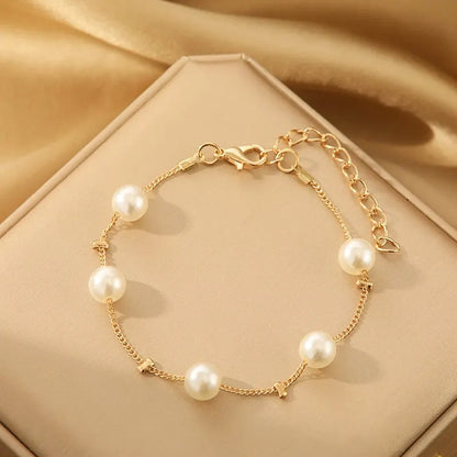 Gold Tone Necklace Earrings Bracelet Set With Tassel Pearls - Smarsty