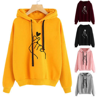 Autumn Fleece Hoodie Solid Color Finger Heart Hooded Korean Fashion Sweatshirts Long Sleeve Top Drawstring Pockets Loose Hoodies - Smarsty
