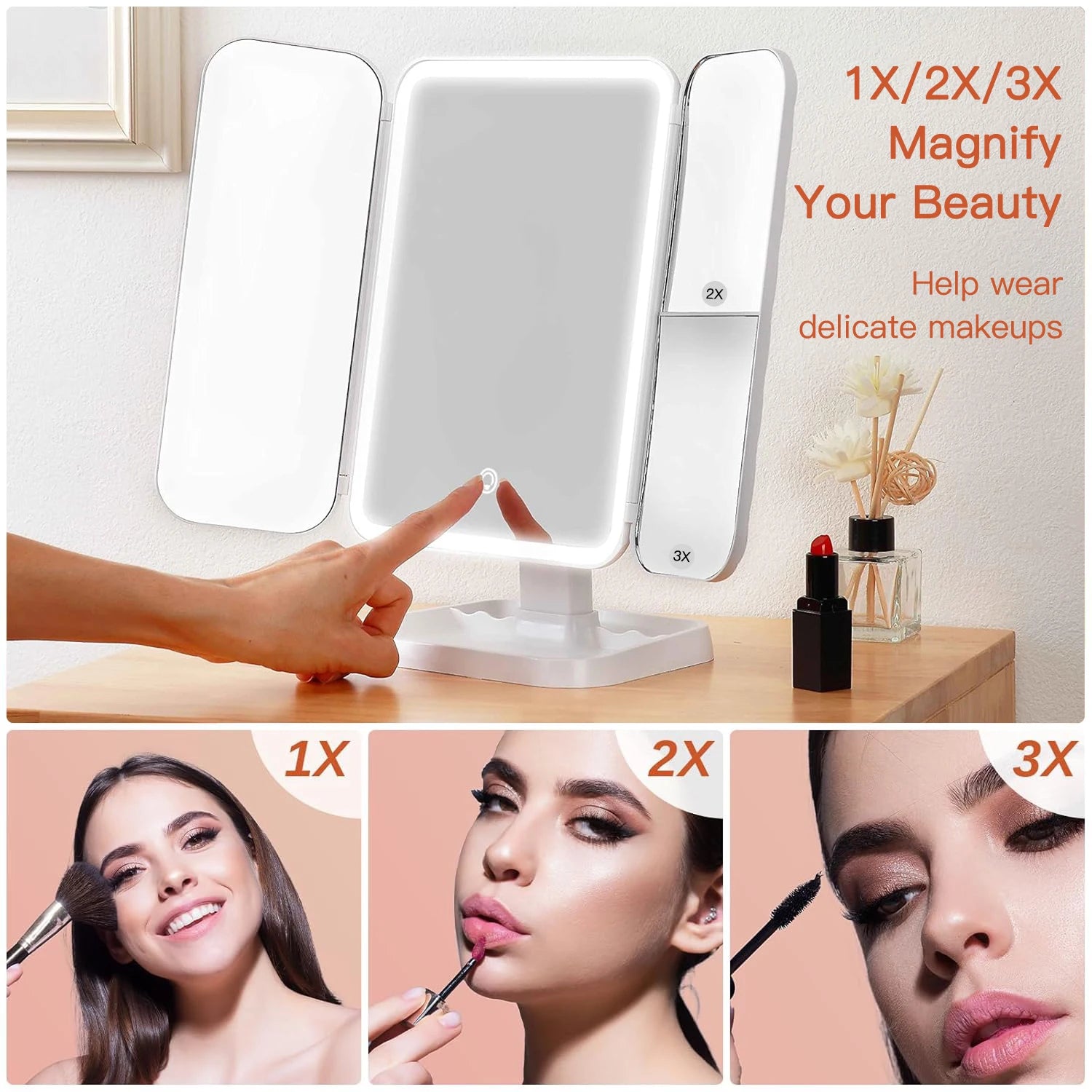 LED Trifold Makeup Mirror with Adjustable Brightness - Smarsty