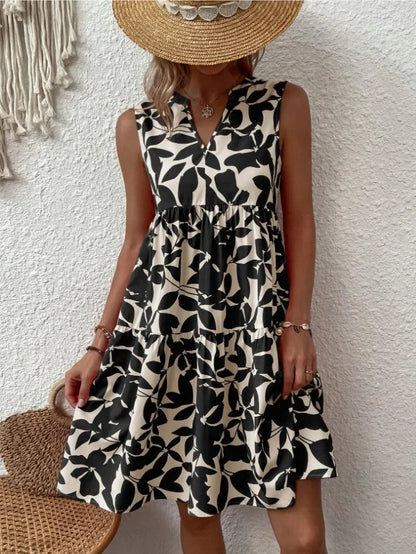 Women Boho Print Mini Dress Summer Elegant Sleeveless V Neck Ruffle A Line Tank Dress Casual Loose Oversize Beach Party Sundress - Smarsty