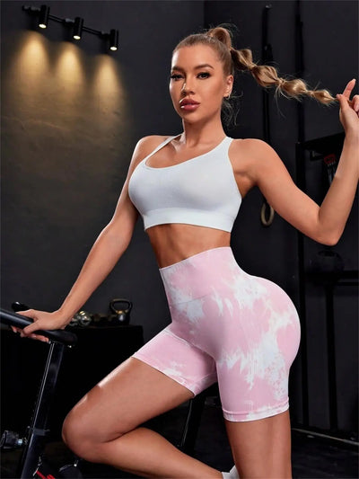 Women's Tie Dye Print Ruched High Waist Sports Shorts, Casual Comfy Breathable Seamless Skinny Shorts for Yoga Gym Workout - Smarsty