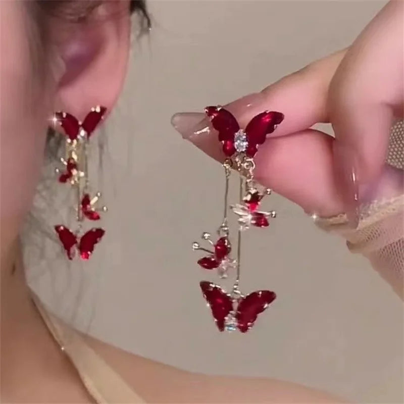 Elegant Red Zircon Butterfly Drop Earrings for Women Fashion - Smarsty