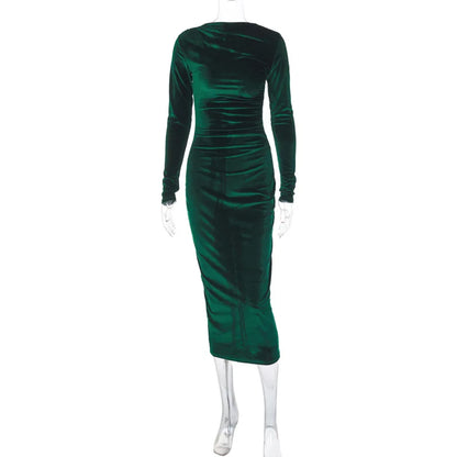 Dulzura 2024 Spring Summer Velvet Long Sleeve Midi Dress For Women Ruched Long Dress Elegant Party Clothes Evening Green Outfits - Smarsty