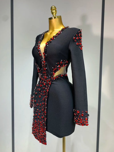 Luxury Birthday Women Celebrity Sexy Long Sleeve V Neck Rhinestone Black Bandage Dress 2025 Elegant Evening Club Party Dresses - Smarsty
