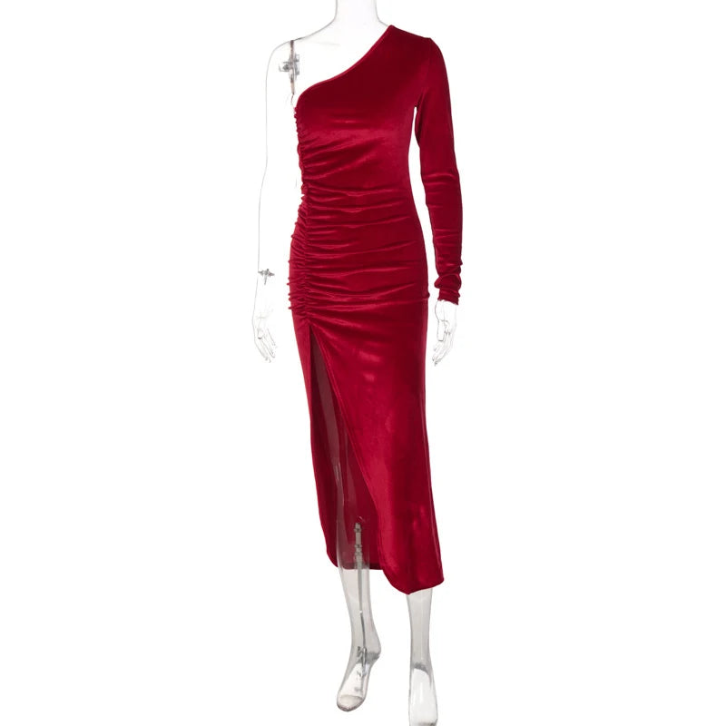 Women Elegant Long Sleeve Party Evening Velvet Bodycon Split Pencil Midi Dress Spring Autumn Clothes - Smarsty