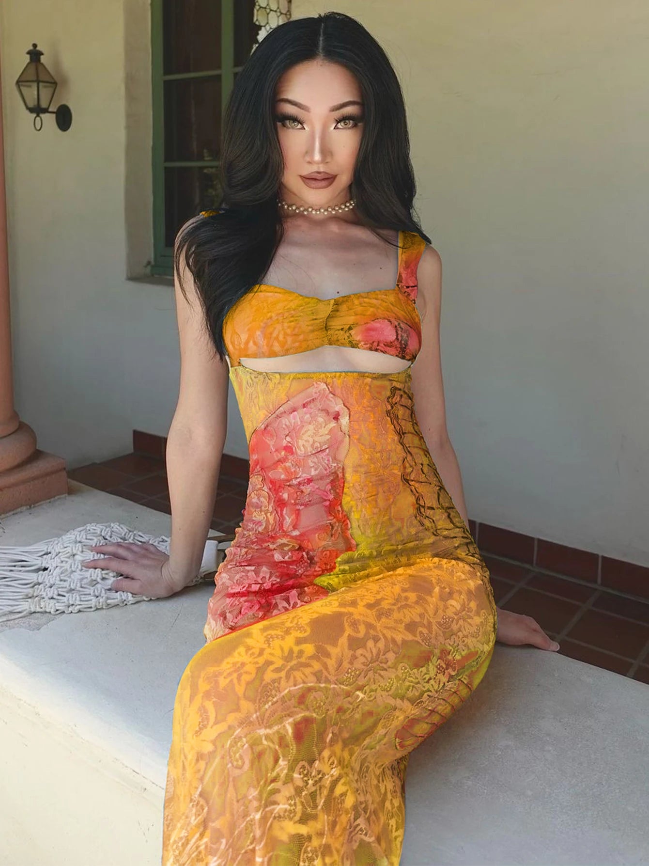 Dulzura Lace Print Cut Out Maxi Dress Bodycon Sexy Party Club Y2K Outfits Streetwear Bandage Dress Vestido Classic Prom