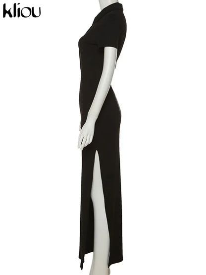 Kliou Elegant Office Lady Maxi Dress Women Solid Fashion Turn-down Collar Short Sleeve Button Side Slit Body-Shaping Street Robe - Smarsty