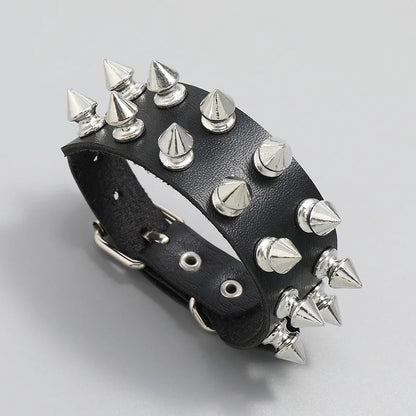 Adjustable Black Leather Punk Bracelet with Metal Spikes - Smarsty