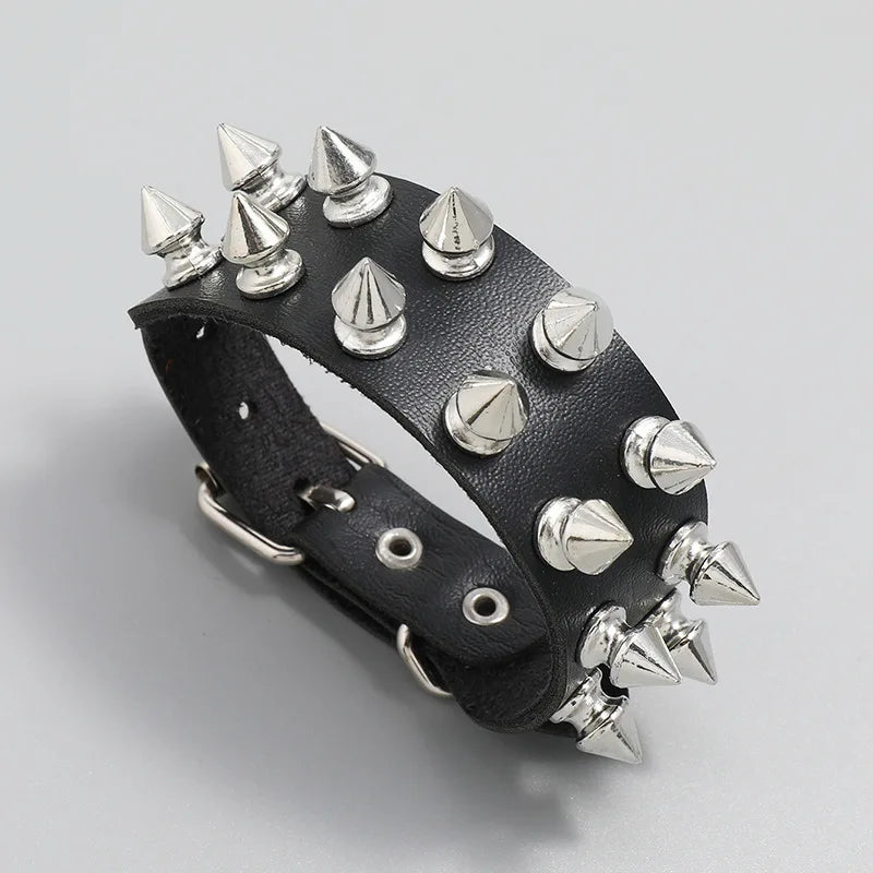Adjustable Black Leather Punk Bracelet with Metal Spikes - Smarsty